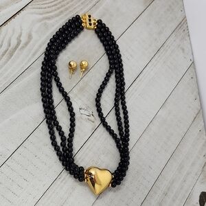 Elegant Black and Gold Heart Necklace Set